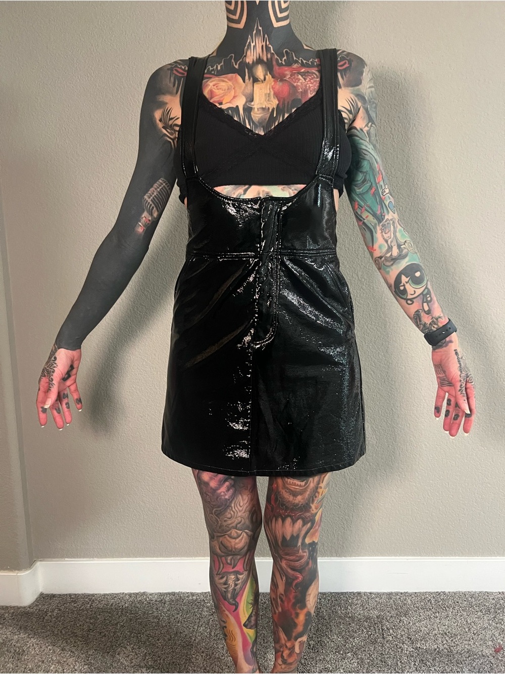 Bershka Black Patent Mini Pinafore skirt